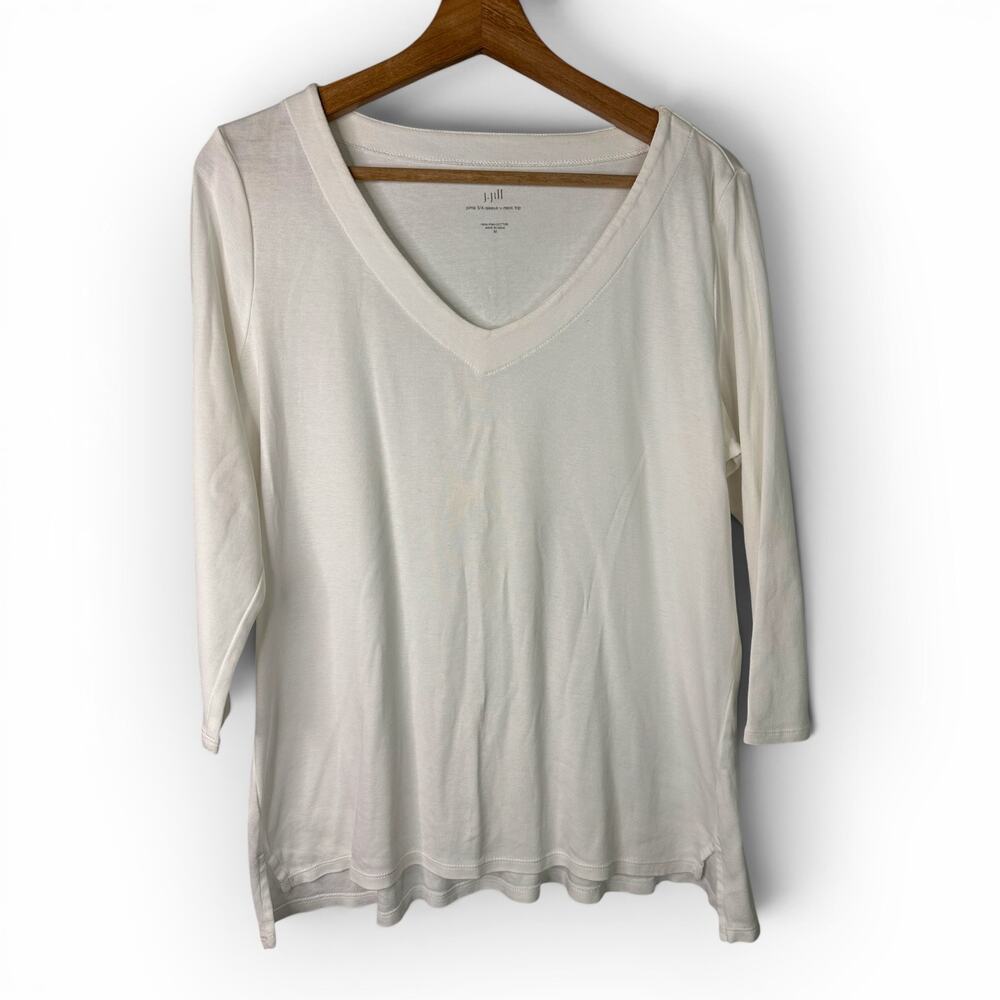 J Jill Womens Pima Cotton V-Neck Top 3/4 Sleeve White Size Medium Casual Coastal